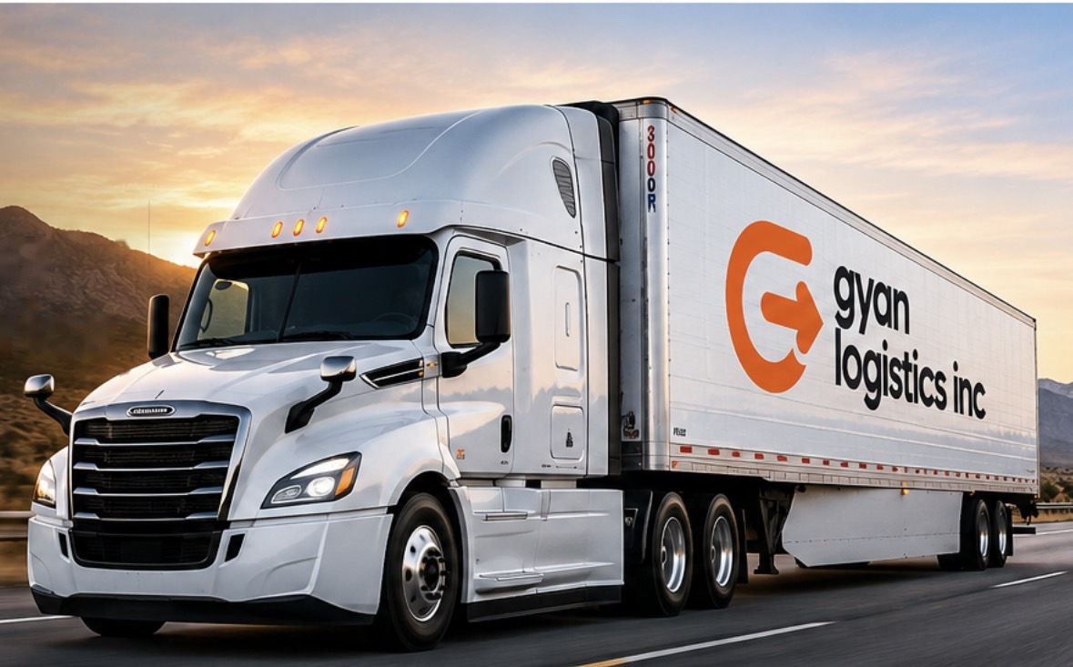 White Freightliner Cascadia hauling a 53-foot Gyan Logistics Inc branded refrigerated trailer on a highway at sunset
